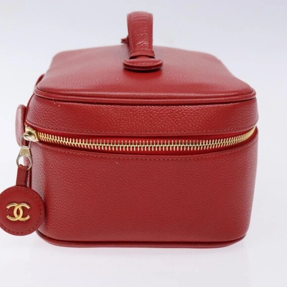 CHANEL Vanity COCO Mark Cosmetic Pouch Grained Calf Skin Red Gold CC Auth 141426 - Picture 6 of 16